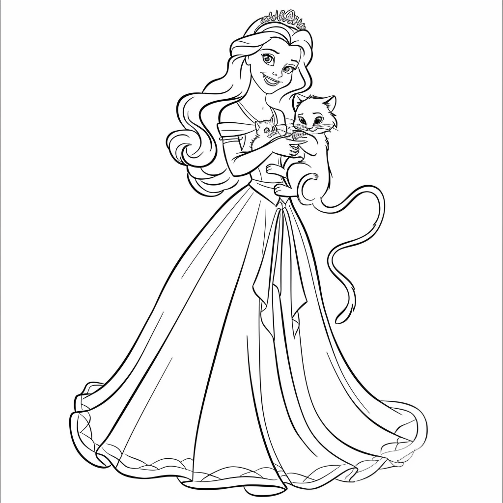 A princess holding a small kitten in her arms