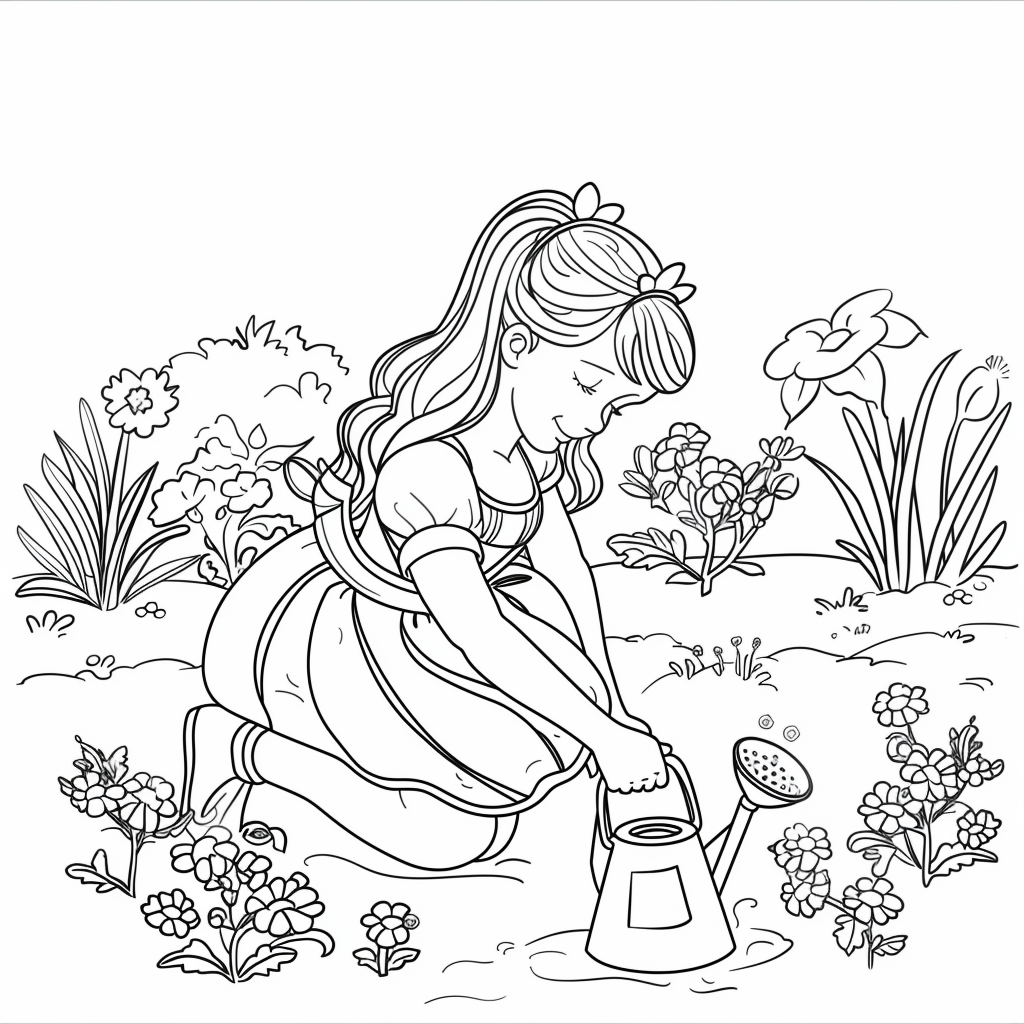 A princess planting flowers in a small garden patch