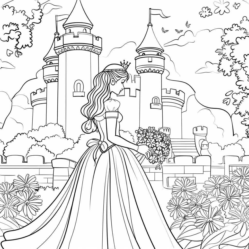 A princess walking through a castle garden