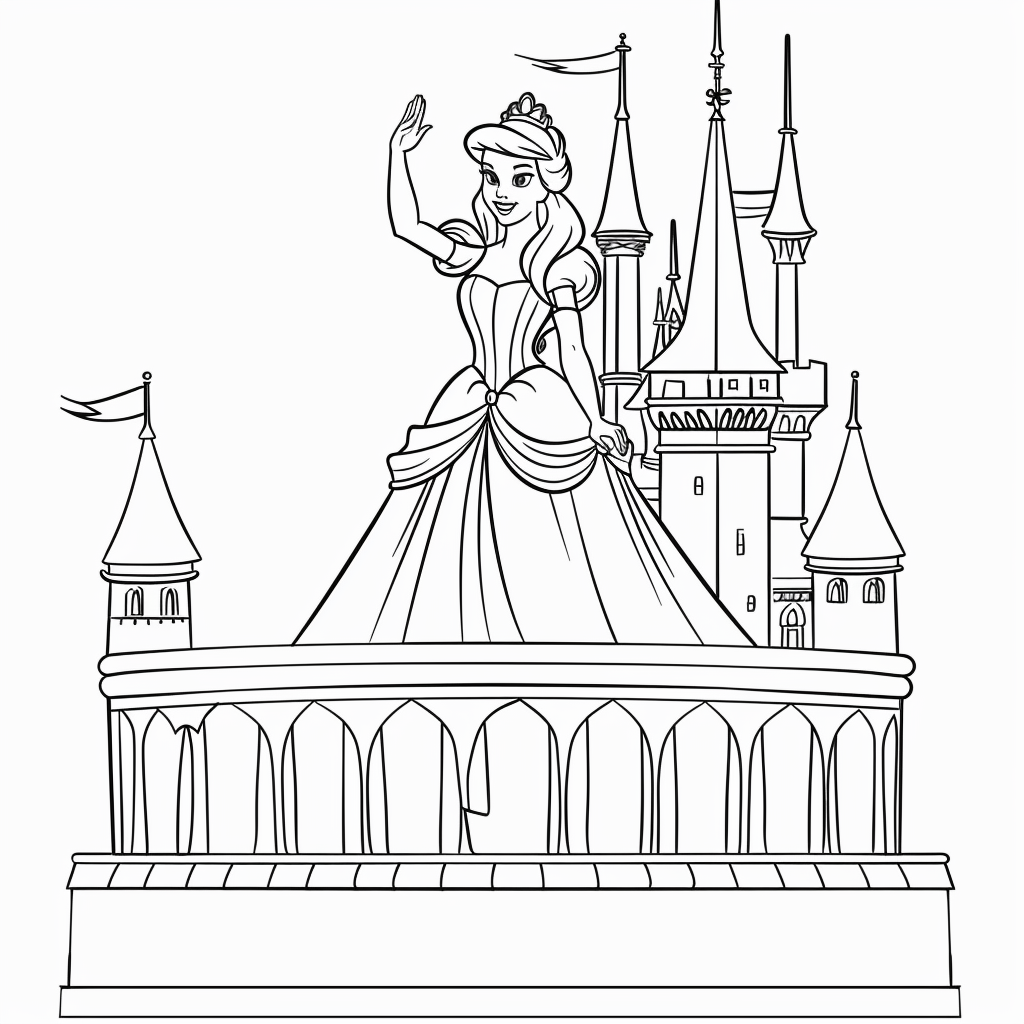 A princess waving happily while standing on a castle balcony