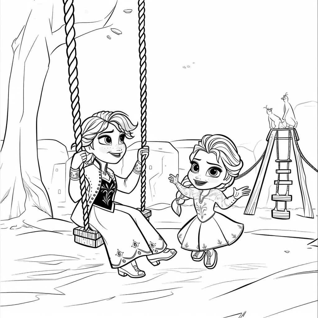 Elsa and Anna on Swing Set