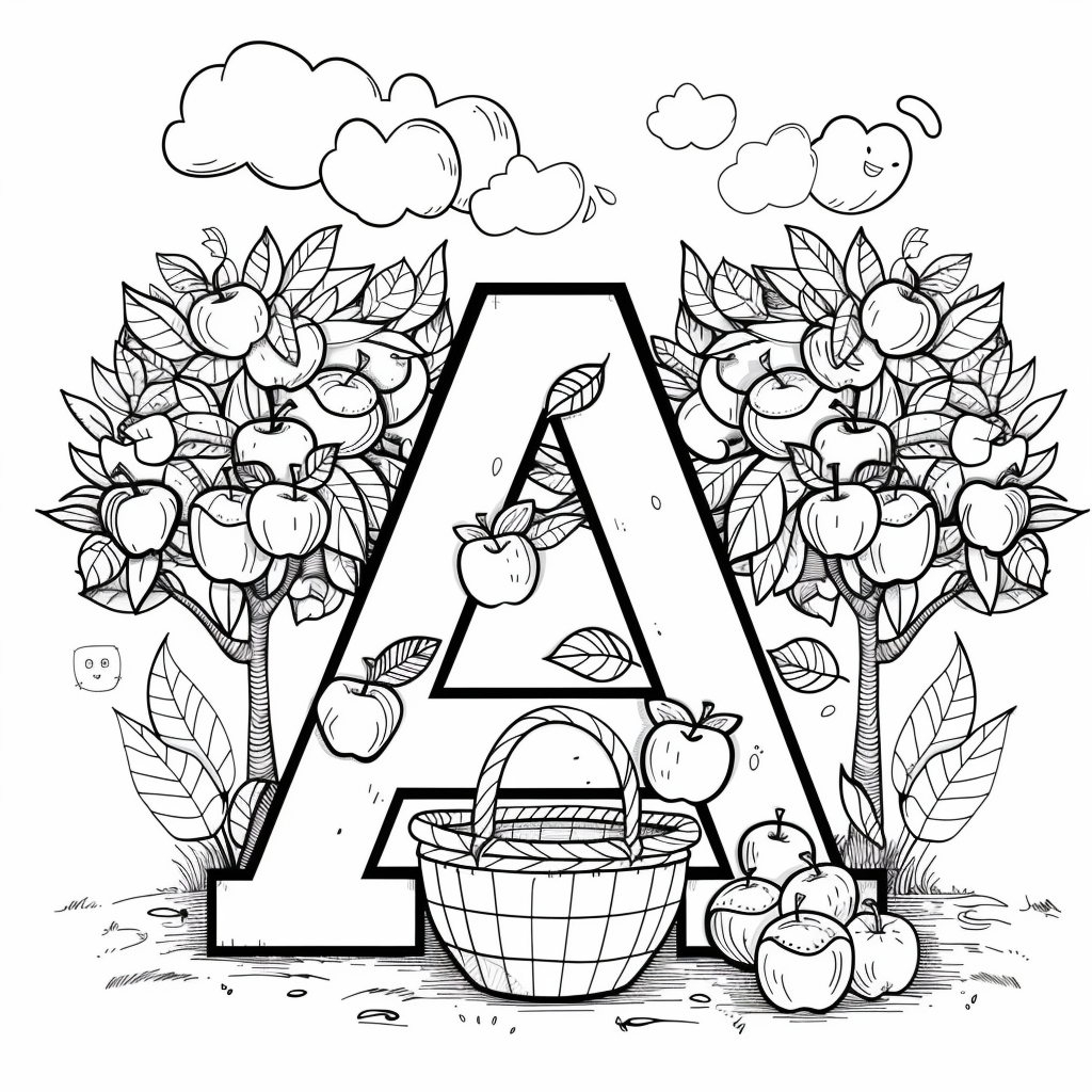 Letter A with Apple Orchard Scene