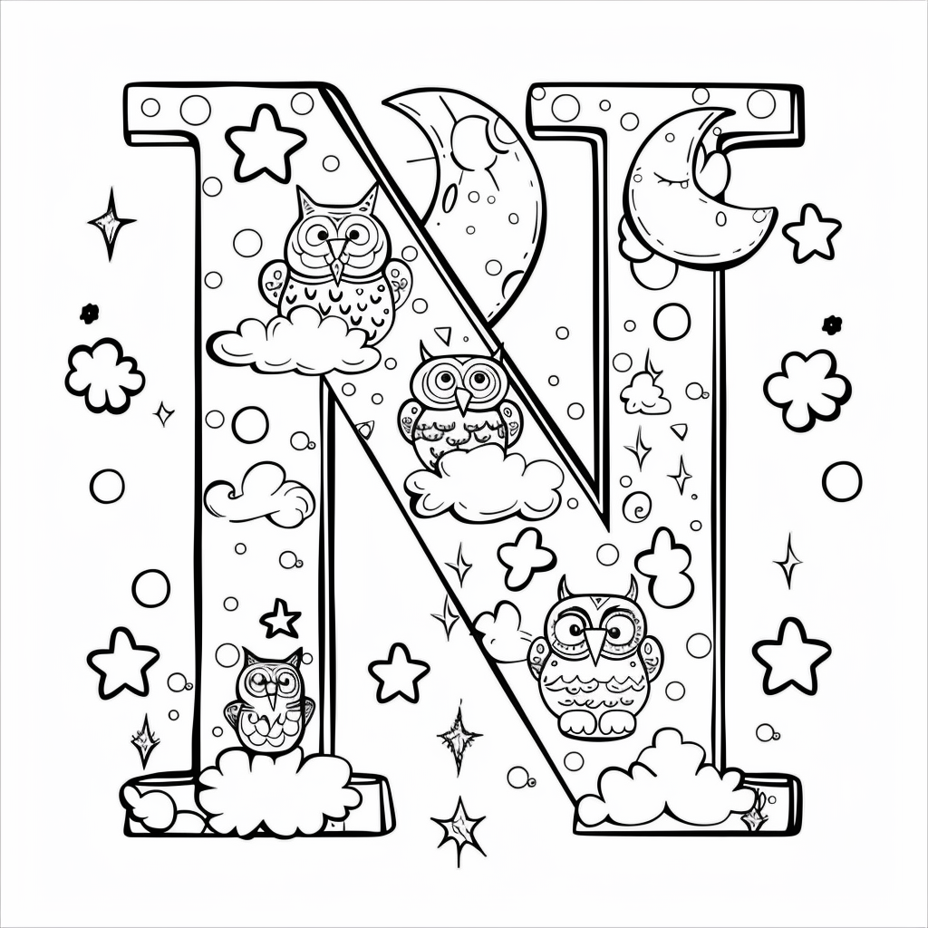 Letter N with Night Sky Owls