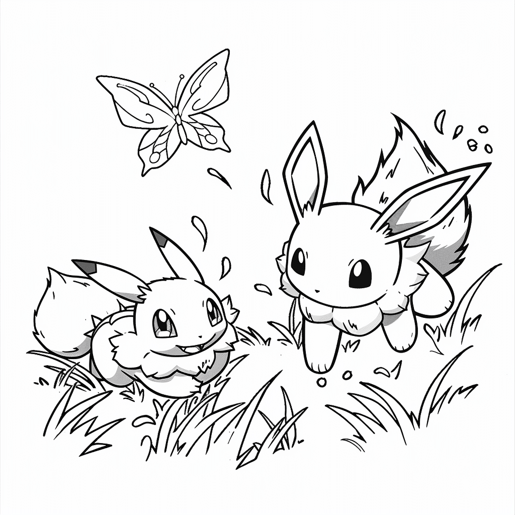 Bulbasaur and Eevee Chasing Butterflies