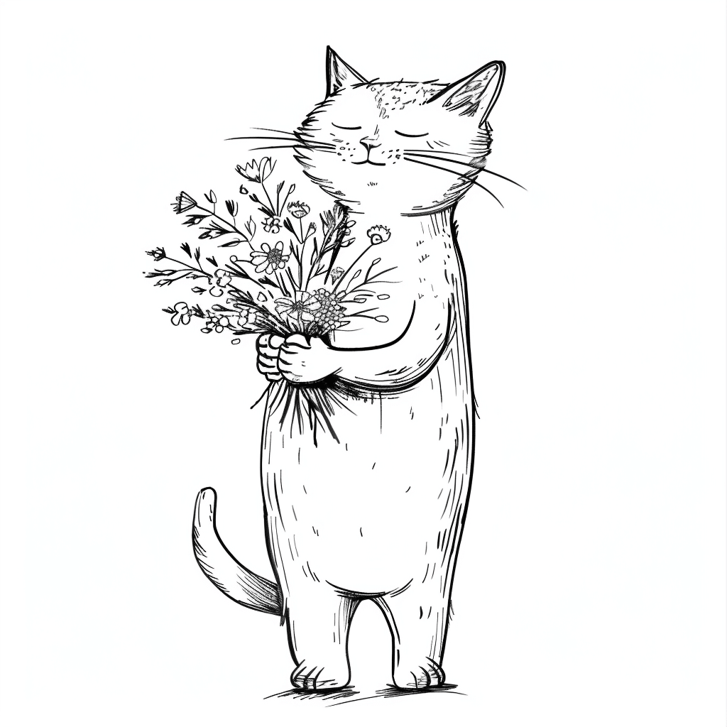 Cat Holding Flower Bouquet