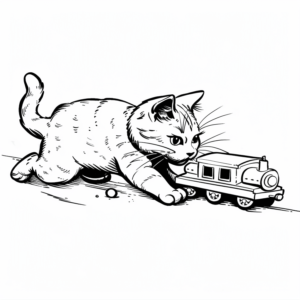 Cat Playing with Toy Train