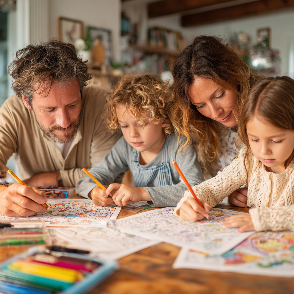 Happy family coloring together at home with printable coloring pages and colored pencils