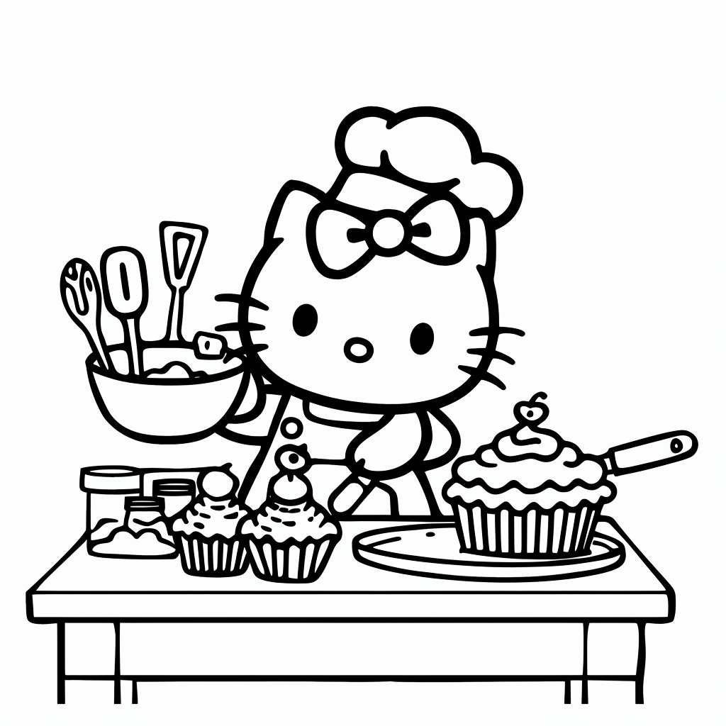 Hello Kitty Baking Cupcakes in a Kitchen Hello