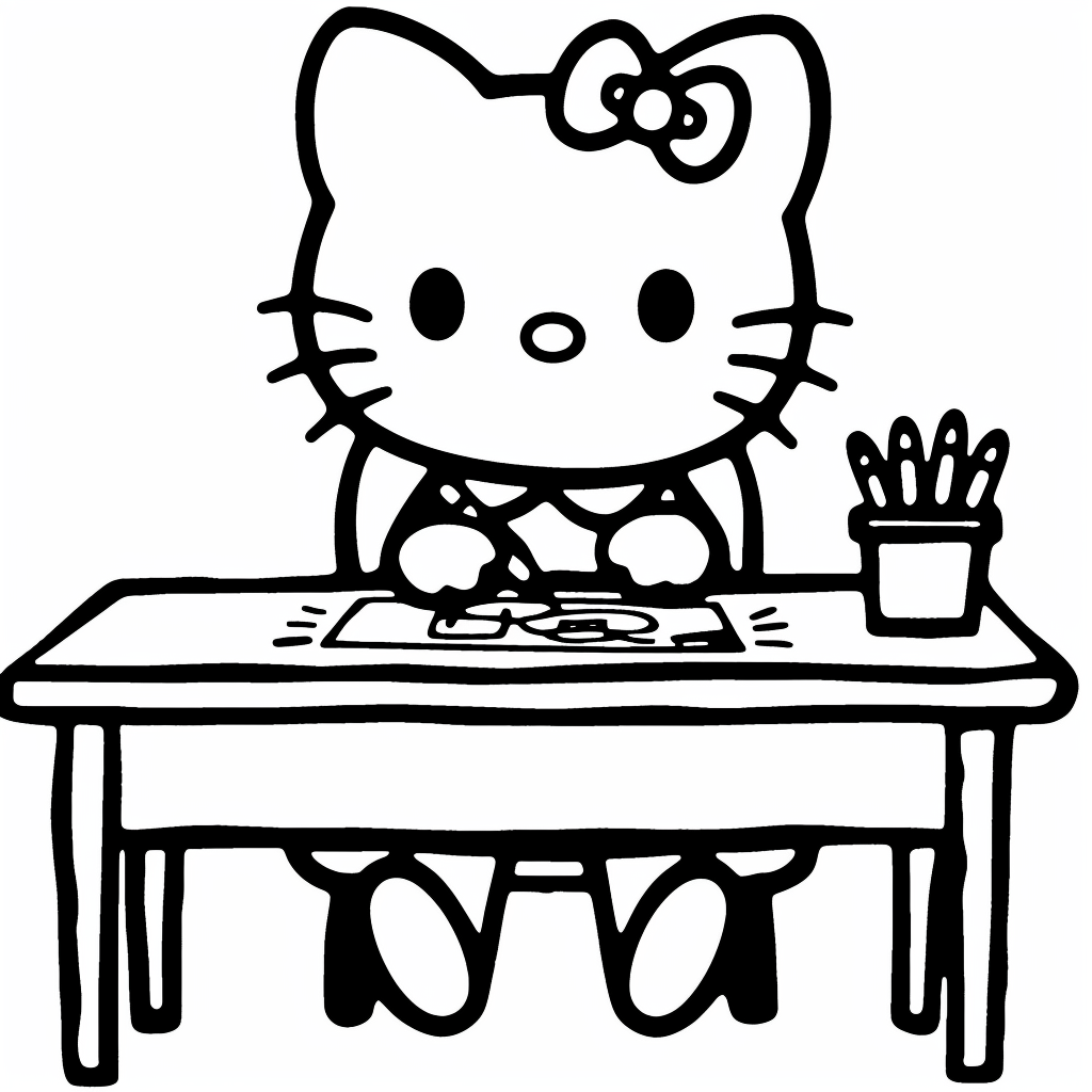 Hello Kitty Drawing at a Desk