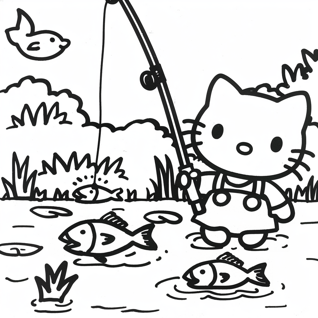Hello Kitty Fishing by a Pond