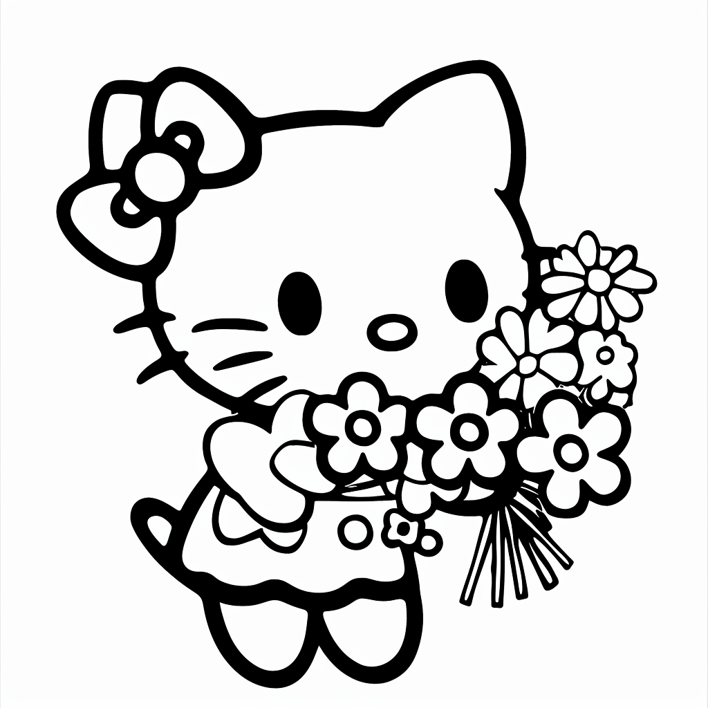 Hello Kitty Holding a Flower Bouquet