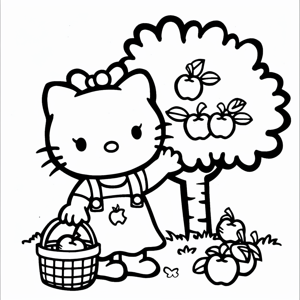 Hello Kitty Picking Apples from a Tree