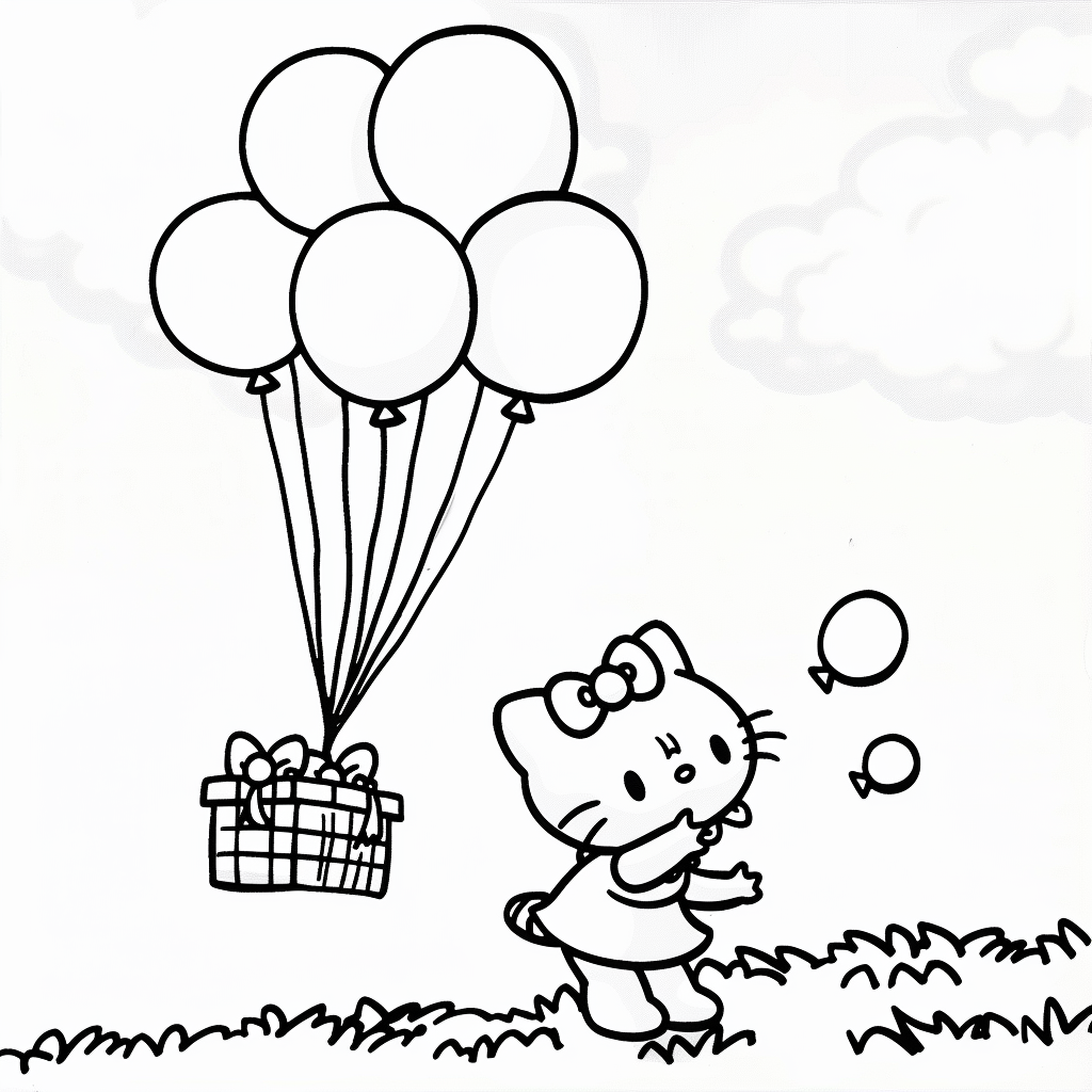 Hello Kitty Reaching for Floating Balloons