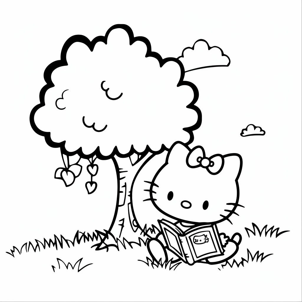 Hello Kitty Reading a Book Under a Tree
