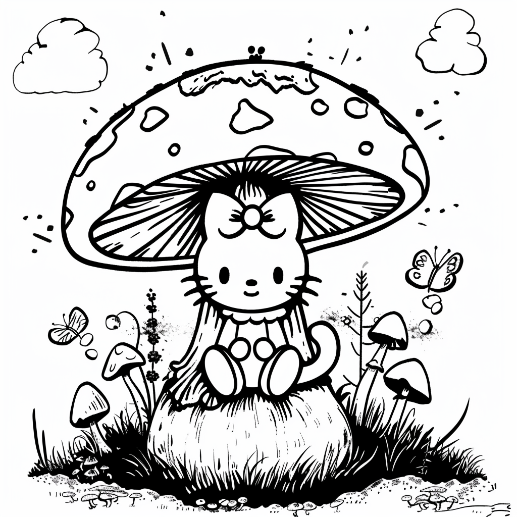 Hello Kitty Sitting on a Mushroom