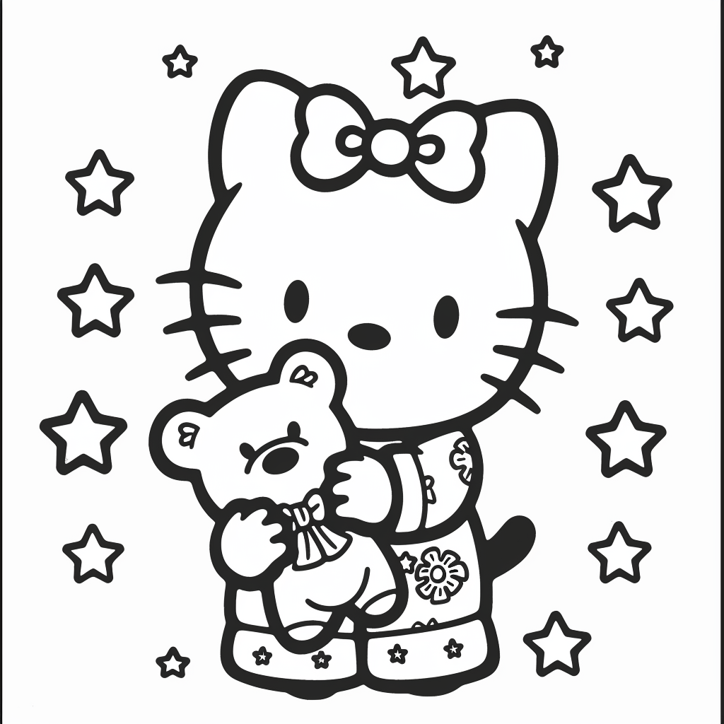Hello Kitty Wearing Pajamas and Holding a Teddy Bear