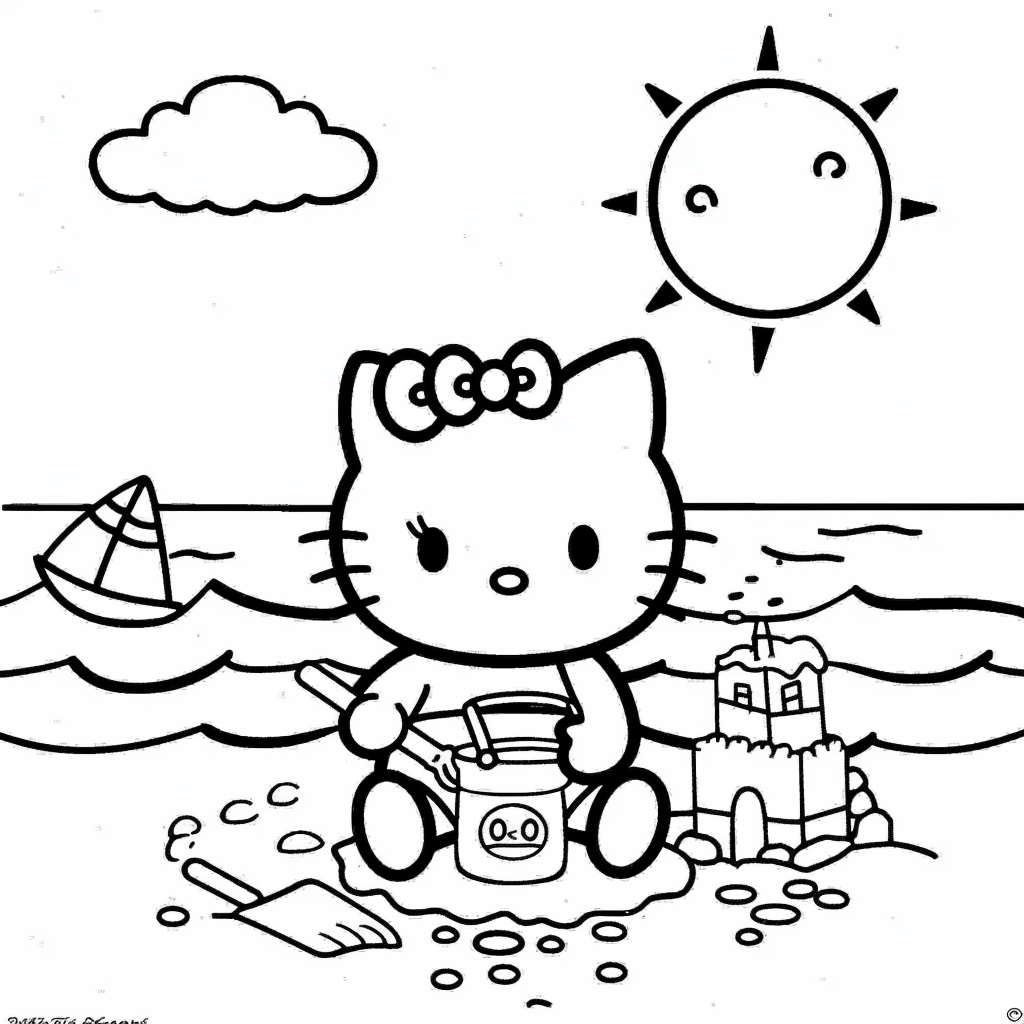 Hello Kitty at the Beach Building a Sandcastle