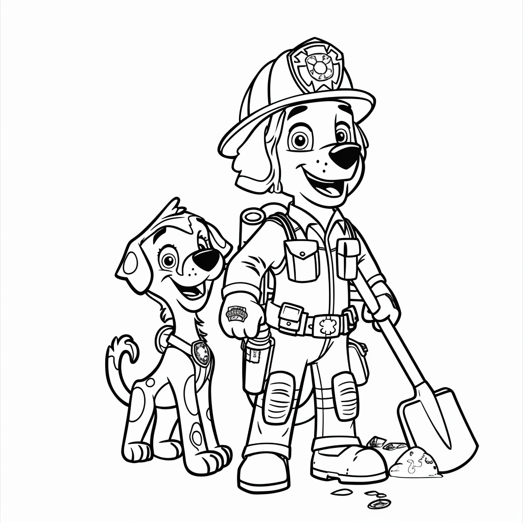 Marshall Holding a Fire Hose While Rubble Holds a Shovel