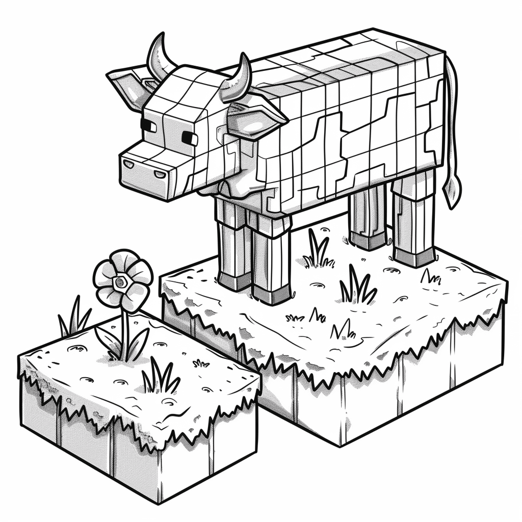 Minecraft Cow Grazing on Grass Blocks