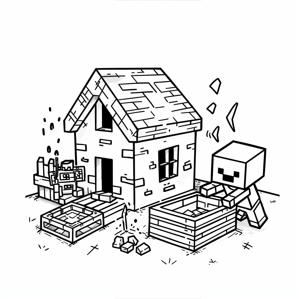 Minecraft Player Building a House While Creeper Watches