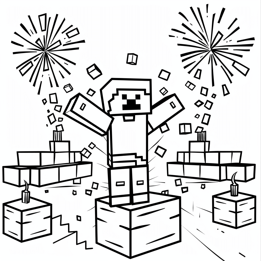 Minecraft Player Celebrating with Fireworks