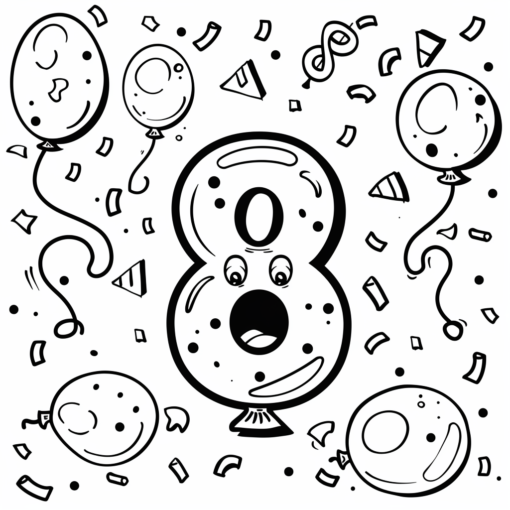 Number Eight with Balloons and Confetti