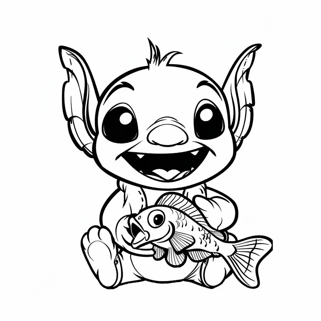Stitch Holding a Fish Happily