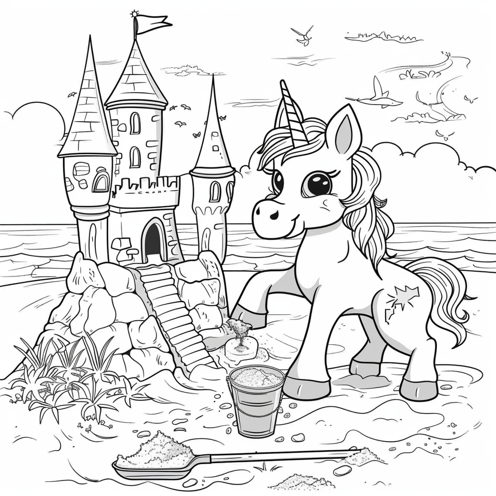 Unicorn Building a Sandcastle