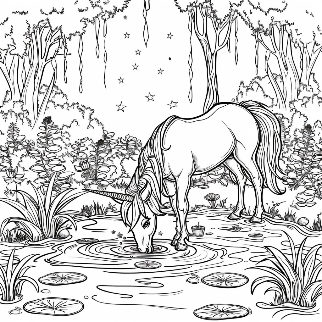 Unicorn Drinking from a Magical Pond
