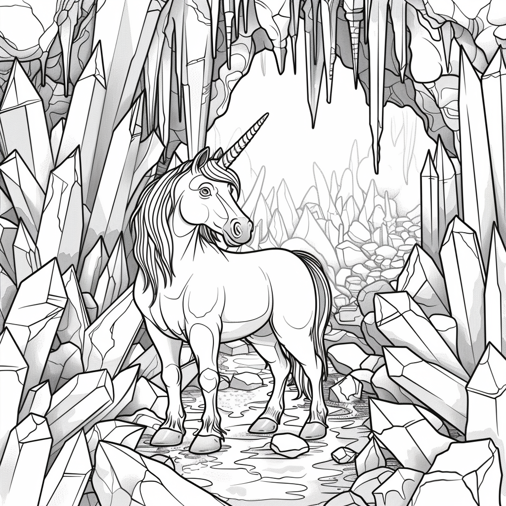 Unicorn Exploring a Crystal Cave