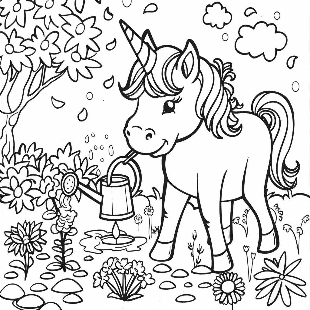 Unicorn Watering Flowers