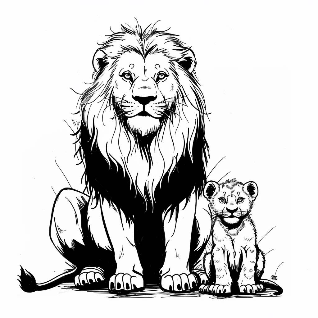 Adult Lion and Cub Sitting Together