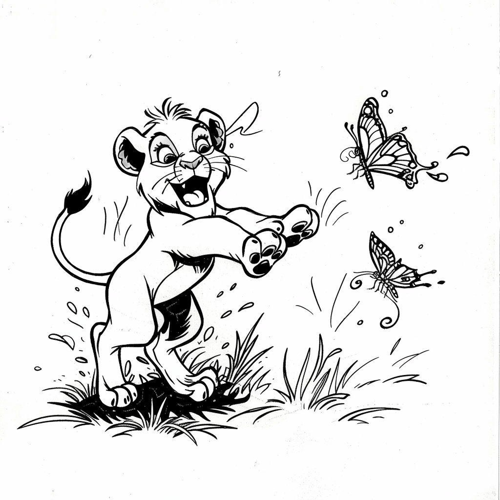 Young Lion Cub Playing with Butterfly