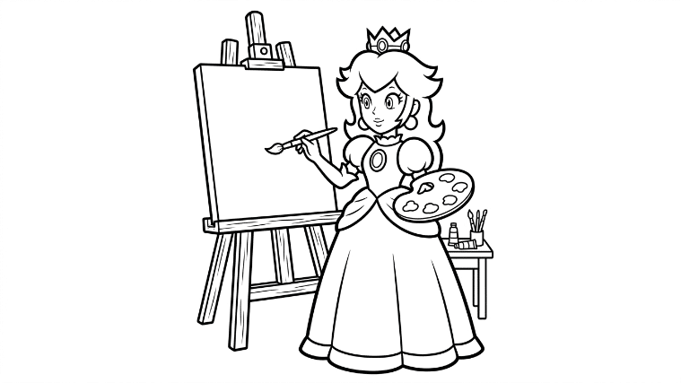 Princess Peach holds a paintbrush
