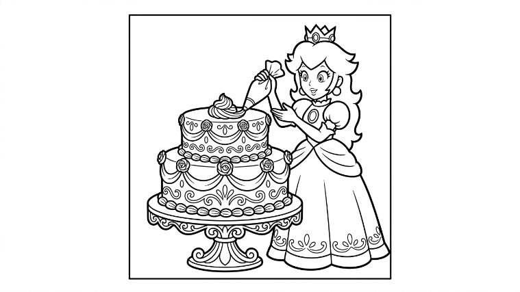 Princess Peach holds a piping