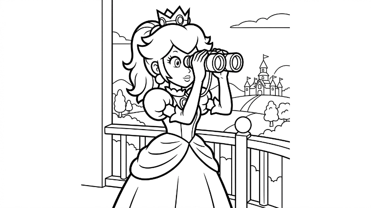 Princess Peach holds binoculars
