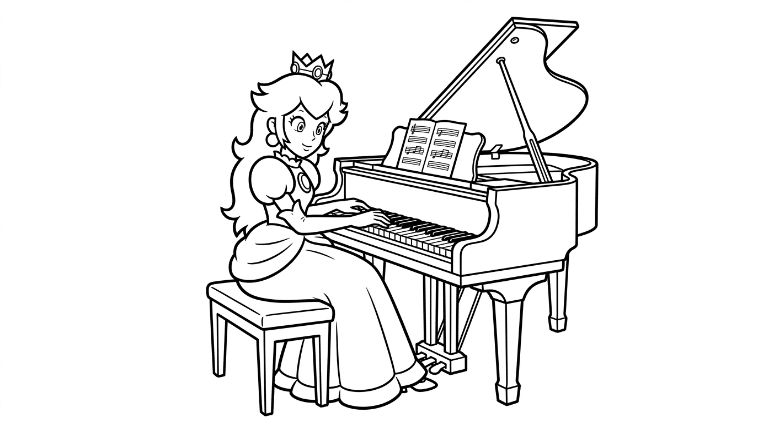 Princess Peach sits at a grand