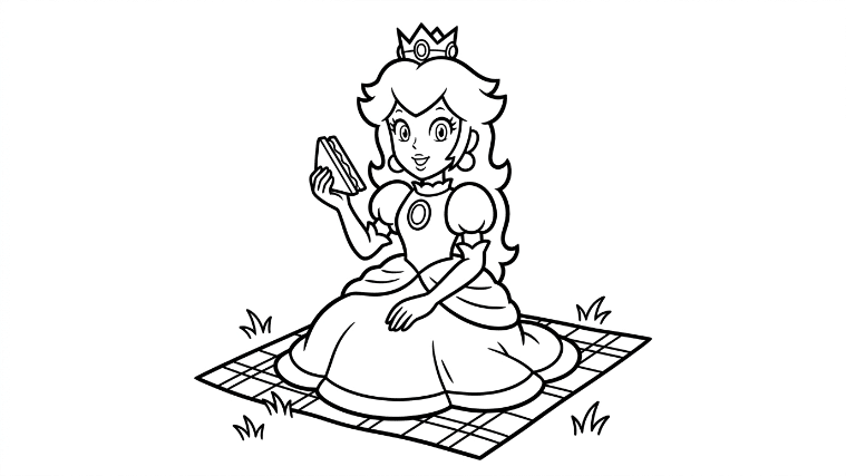 Princess Peach sits on a blanket