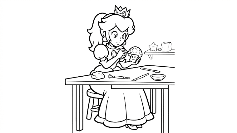 Princess Peach works at a table