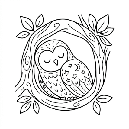SLEEPING OWL IN TREE DOODLE